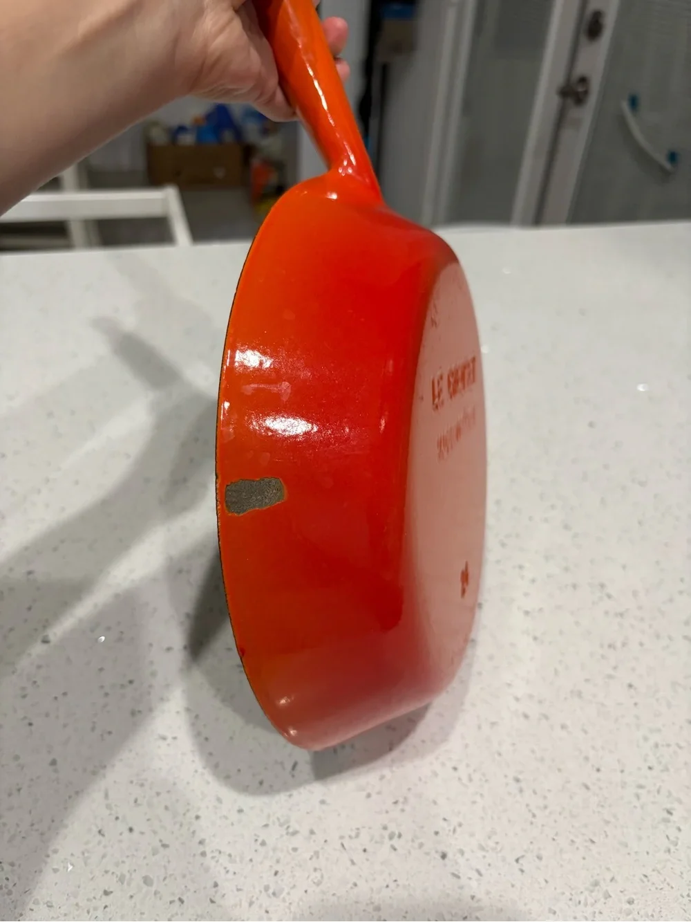 Le Creuset Orange Enameled Cast Iron Skillet with Wooden Handle